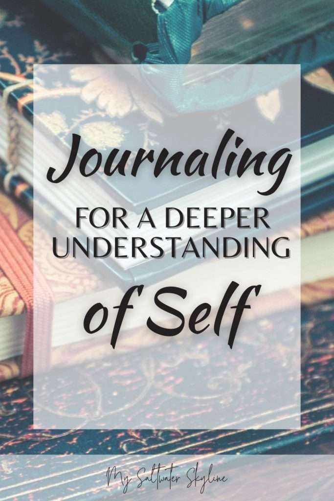journaling-for-a-deeper-understanding-of-self-text-overlayed-stack-of-covered-journals-at-back-blog-post