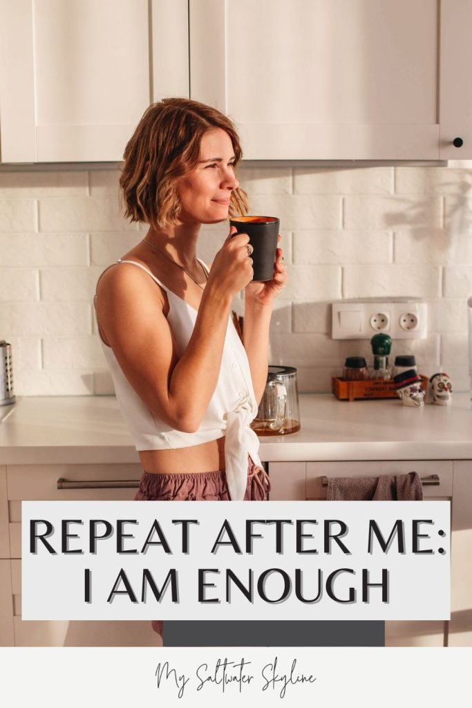 woman-sipping-drink-smiling-i-am-enough-blog-pin
